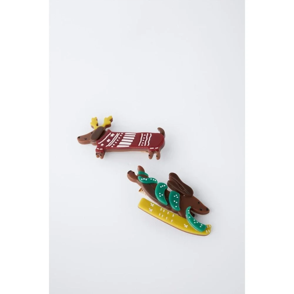 ZARA 2pc Reindeer‎ Dachshund Hair Clips Acrylic Christmas Holiday Puppy Barrette